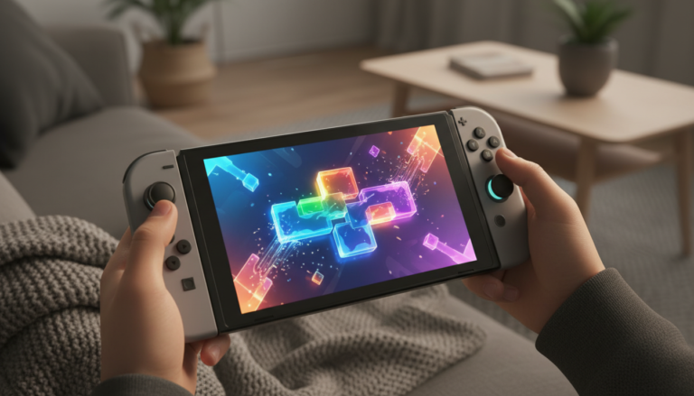 Pessoa jogando um jogo de puzzle no Nintendo Switch 2, com foco na tela e nas mãos. Representa a longevidade e a diversão dos jogos de puzzle no console.