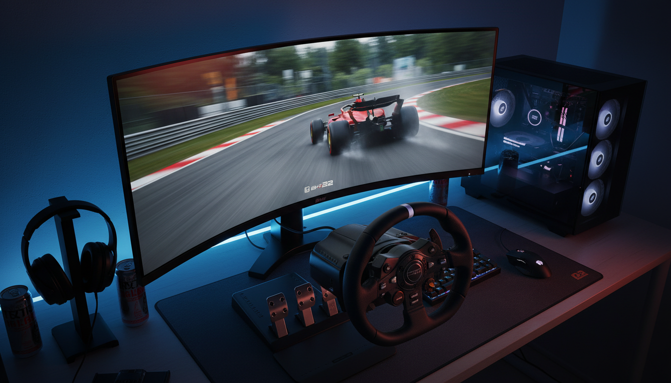 Tela de jogo F1 22 no PC com carro de Fórmula 1 em alta velocidade e ambiente detalhado de pista, exibido em monitor gamer com volante e pedais.