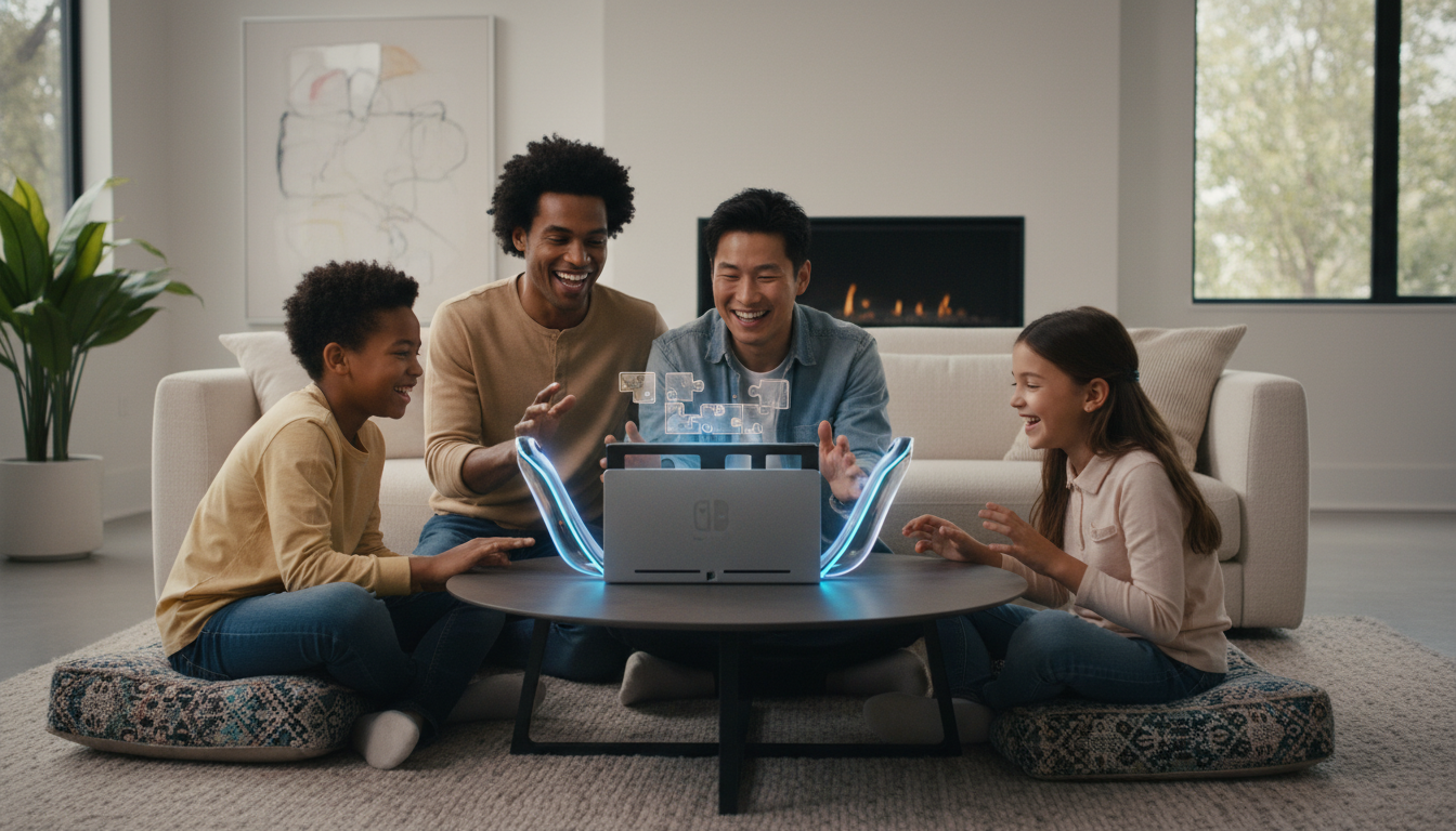 Família jogando jogos de puzzle, Nintendo Switch 2, diversão familiar 2026, jogos cooperativos, entretenimento em família