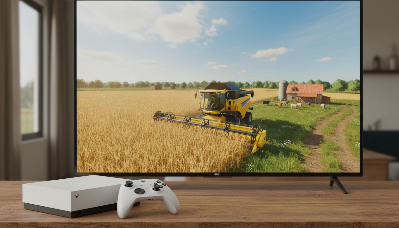 Xbox Series S exibindo um jogo de simulador de fazenda, com um trator colhendo em um campo vasto e verde.