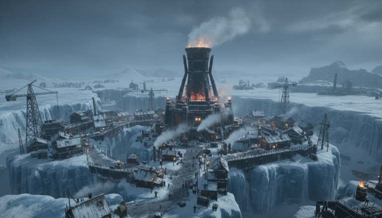 Gerador de Frostpunk PS5, cidade na neve, sobrevivência, estratégia, frio extremo