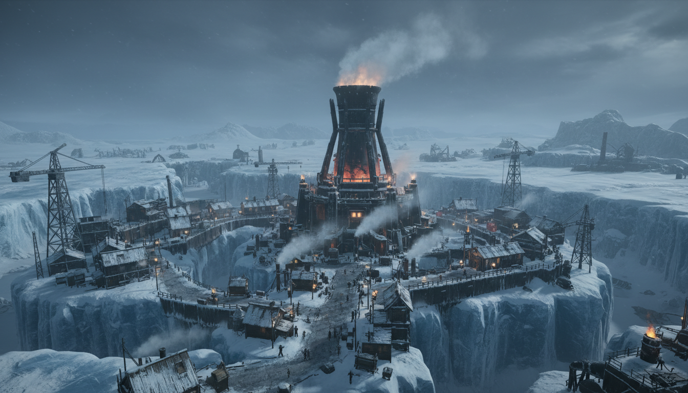 Gerador de Frostpunk PS5, cidade na neve, sobrevivência, estratégia, frio extremo