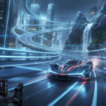 Carro de corrida futurista em pista com luzes neon, jogos de corrida para PC 2026, tecnologia de games, alta velocidade