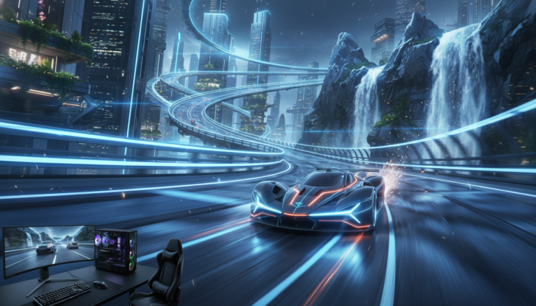 Carro de corrida futurista em pista com luzes neon, jogos de corrida para PC 2026, tecnologia de games, alta velocidade