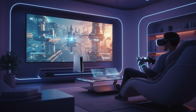 Jogador experimentando os melhores jogos de simulação no PS5 em 2026 com gráficos de última geração e controle DualSense