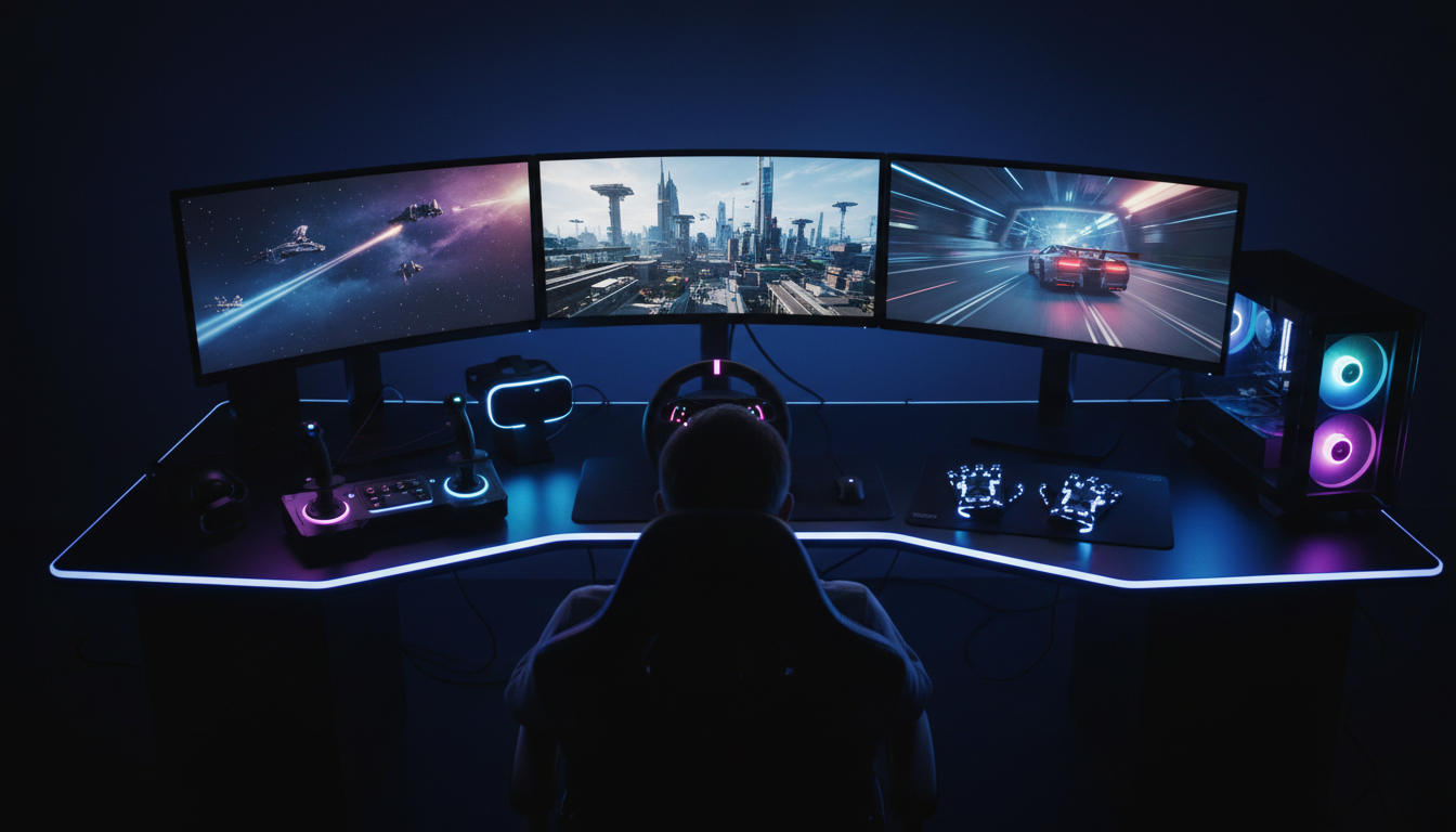 Setup de jogos futurista com simuladores de PC de 2026 em múltiplos monitores, VR, HOTAS e volante