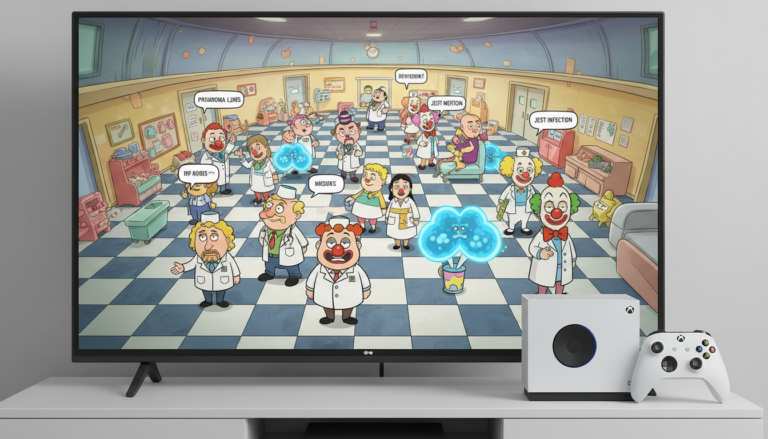 Two Point Hospital rodando no Xbox Series S, com pacientes e funcionários cômicos em um hospital movimentado. A imagem mostra a interface do jogo e o console.