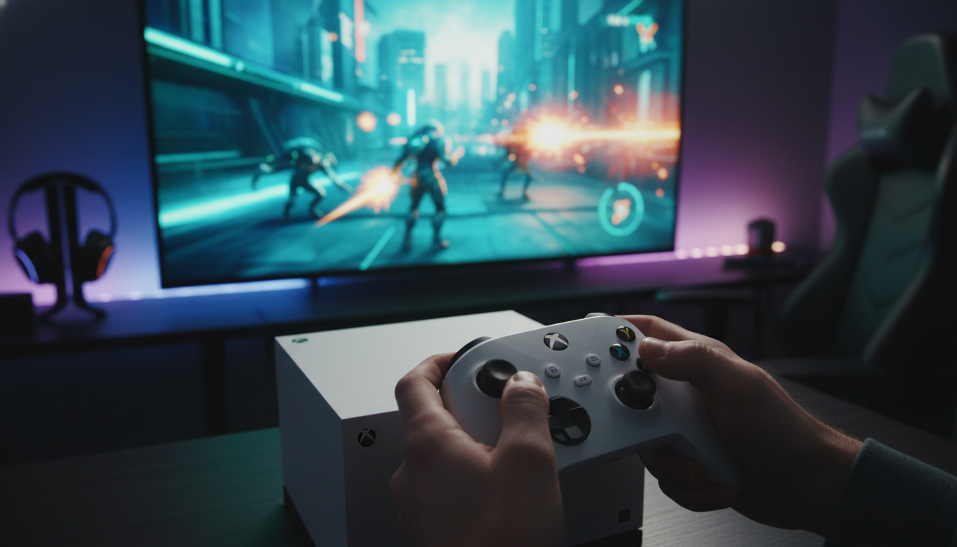 Controle de Xbox Series S com tela de TV exibindo jogo de ação e aventura futurista