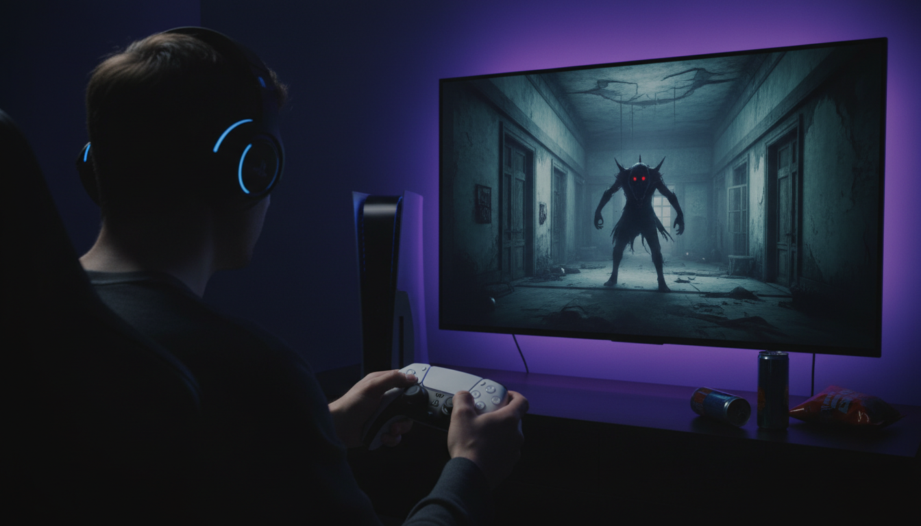 Pessoa jogando Resident Evil ou Alan Wake 2 no PS5 com fones de ouvido e ambiente escuro