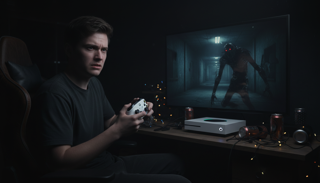 Jogador no Xbox Series S em jogo de terror sombrio com fones de ouvido