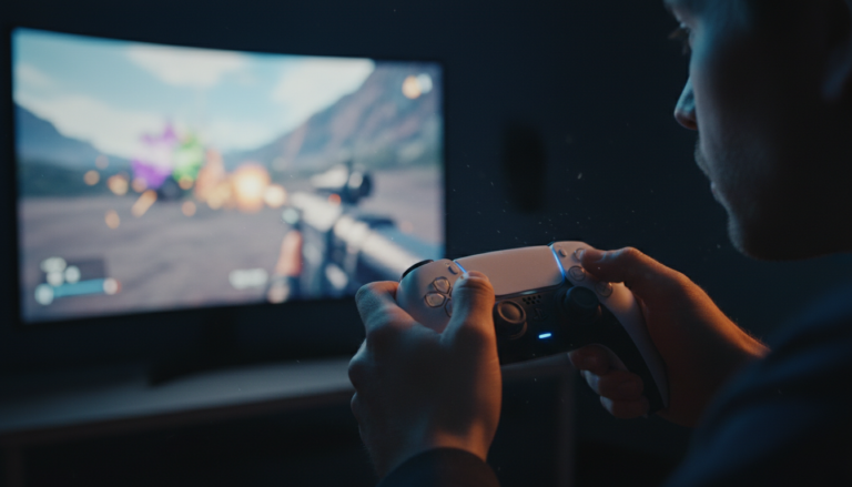 Mãos segurando controle DualSense PS5 em jogo de tiro com gráficos 4K