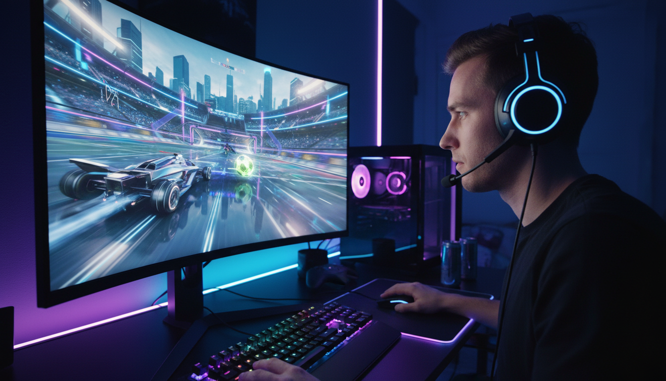 Gamer jogando lançamento de jogo de esporte 2026 em PC com gráficos avançados.