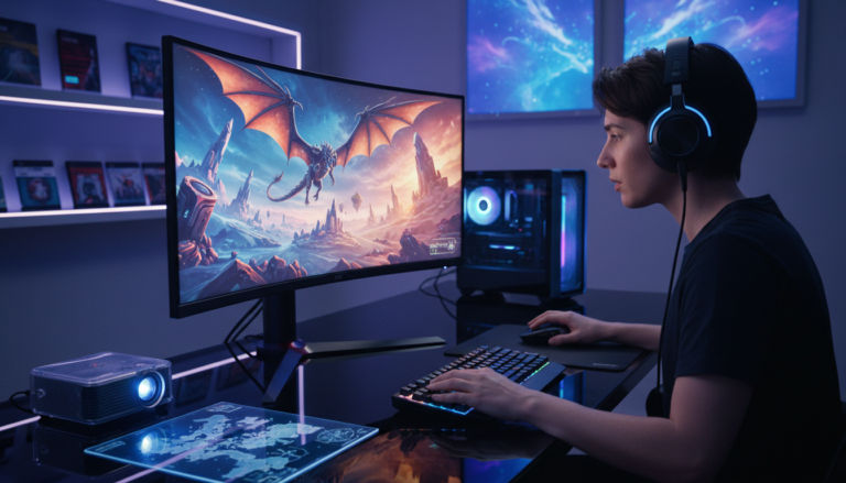 Gamer jogando RPG de PC 2026 em setup high-end