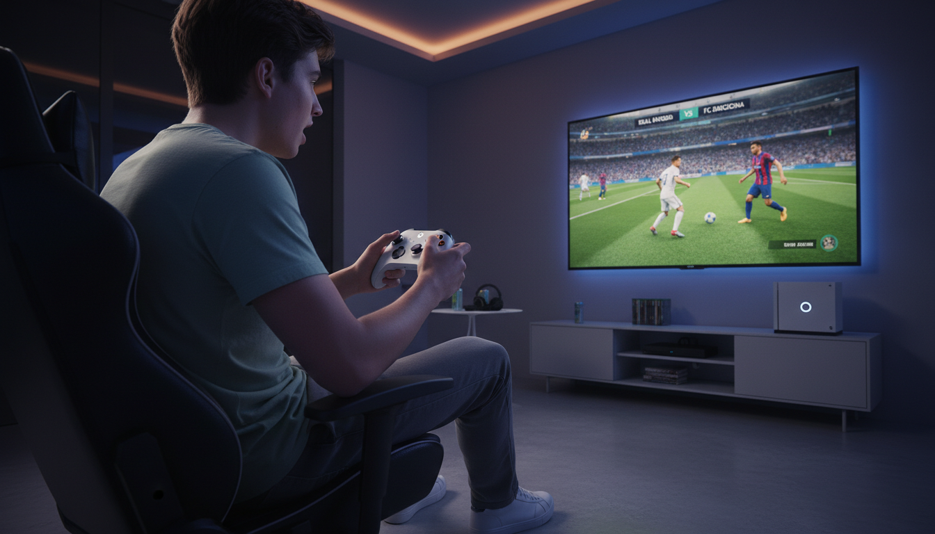 Jogador usando controle Xbox, tela mostrando jogo de futebol ou corrida, console Xbox Series S
