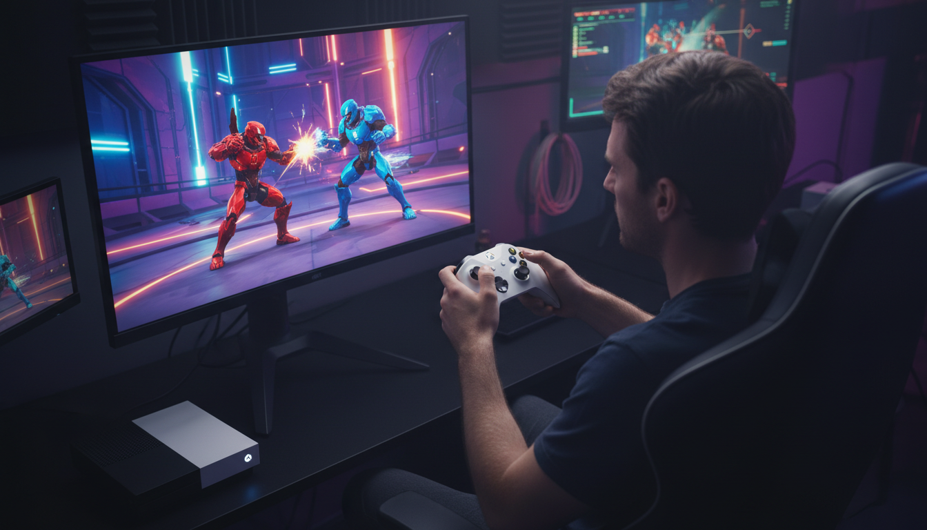 Gamer com controle Xbox Series S jogando jogo de luta de nova geração em 2026