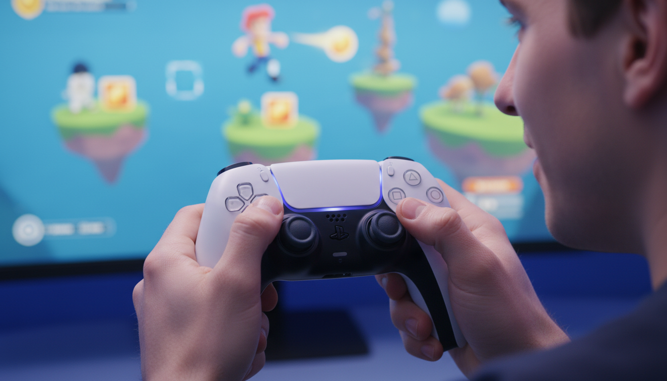 Controles DualSense em ação, jogos de plataforma PS5, gamer com DualSense, imersão PS5