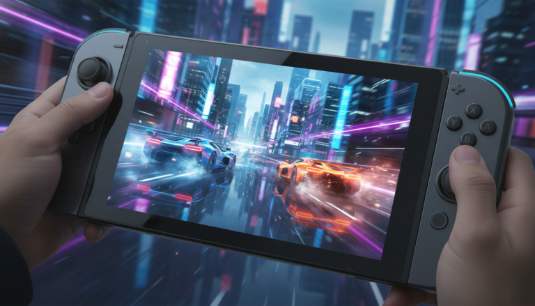 Jogo de corrida no Switch 2, gráficos avançados, carros detalhados, reflexos realistas, Nintendo Switch 2 performance visual.