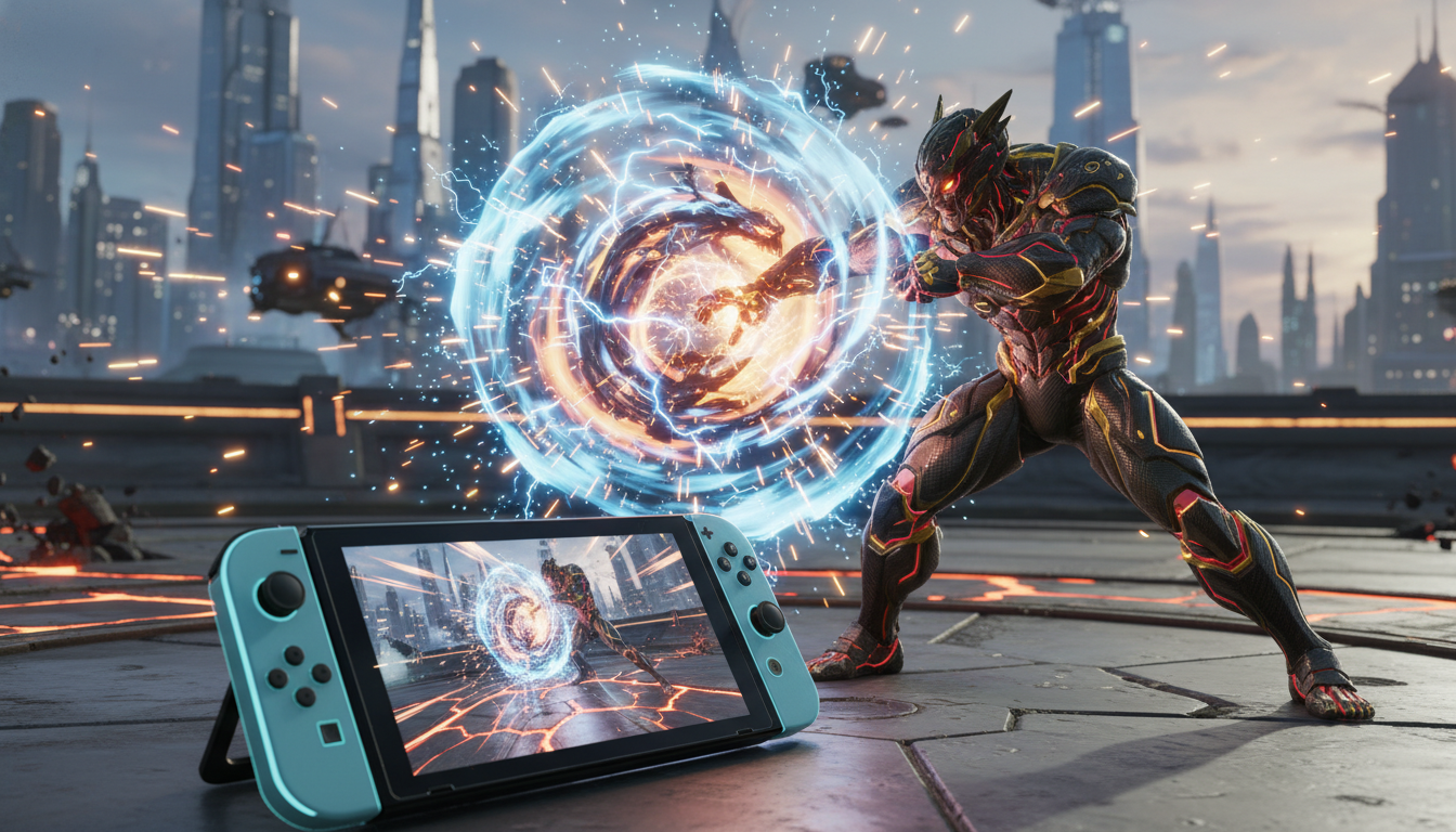 Personagem de jogo de luta com gráficos avançados no Nintendo Switch 2, mostrando detalhes e efeitos visuais.