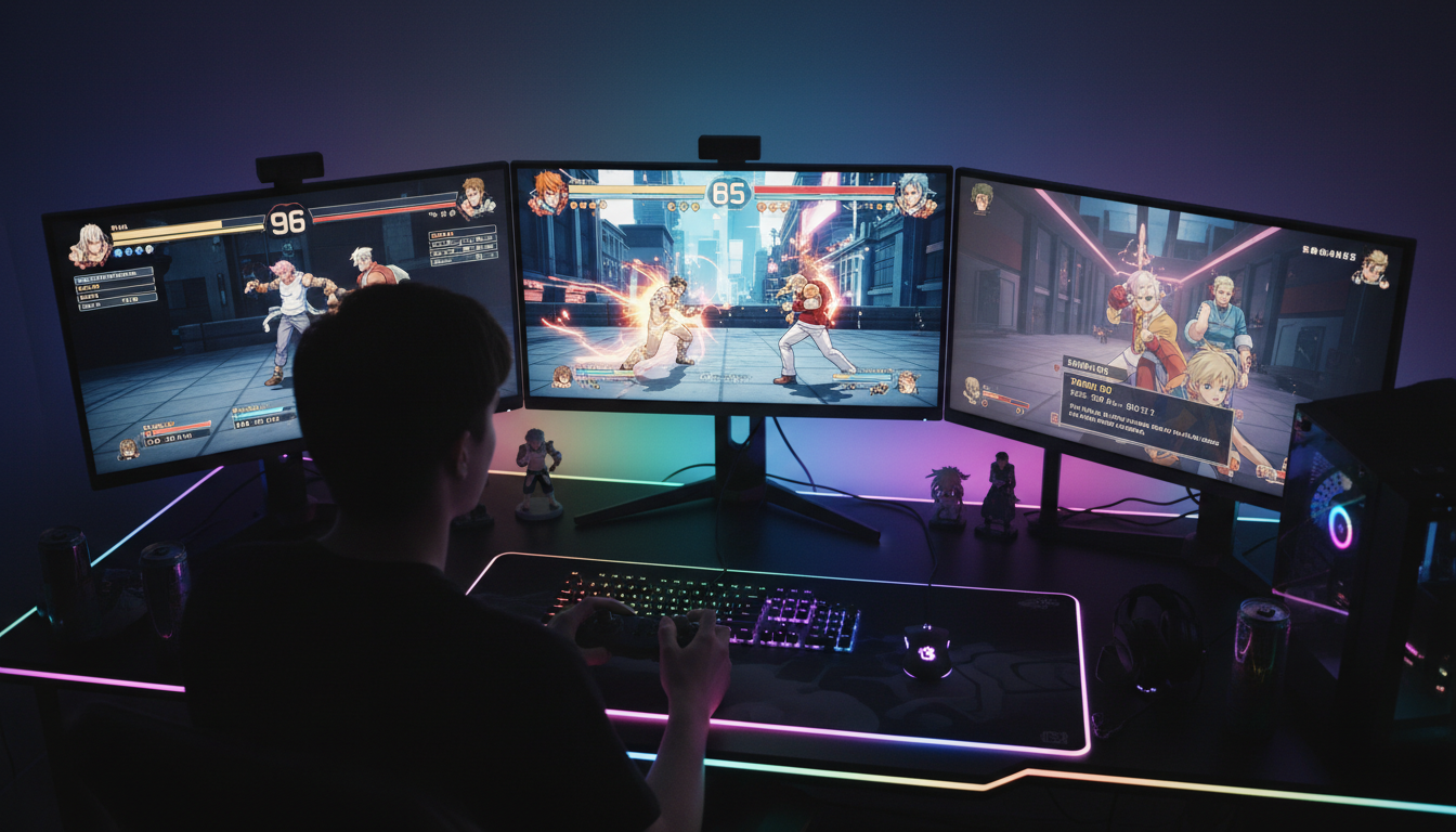 Visão geral dos modos de jogo de Guilty Gear Strive no PC, incluindo online, treinamento e história, com um jogador engajado.