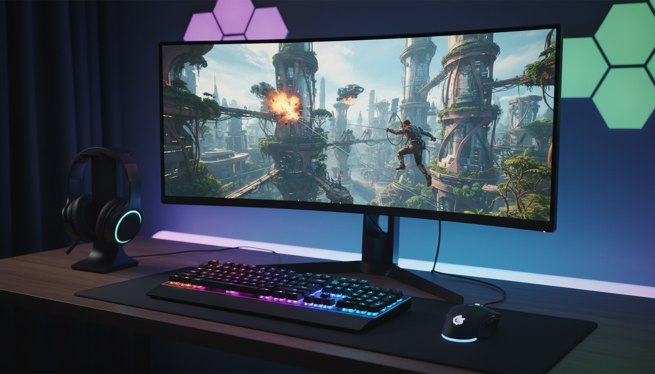 Setup de PC gamer com jogo de ação e aventura de 2026 na tela, destacando novos lançamentos e tecnologia