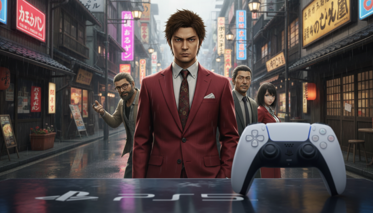 Ichiban Kasuga de terno vermelho com Nanba, Adachi e Saeko em Ijincho, Yokohama, cenário de Yakuza: Like a Dragon no PS5.