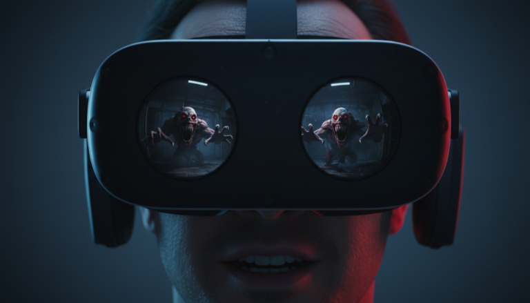 Pessoa assustada usando PS VR2 jogando terror no PS5, reflexo de monstro no headset
