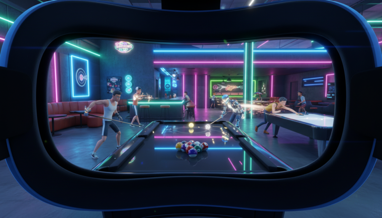 Jogadores de realidade virtual desfrutando de bilhar e outros jogos em Sports Bar VR no PS5, com gráficos detalhados e atmosfera social.