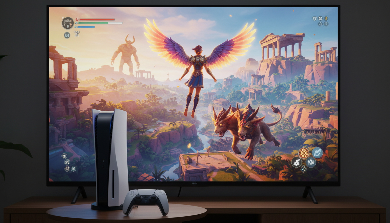 Fenyx planando sobre a Ilha Dourada em Immortals Fenyx Rising no PS5, com paisagens exuberantes e inimigos míticos ao fundo.