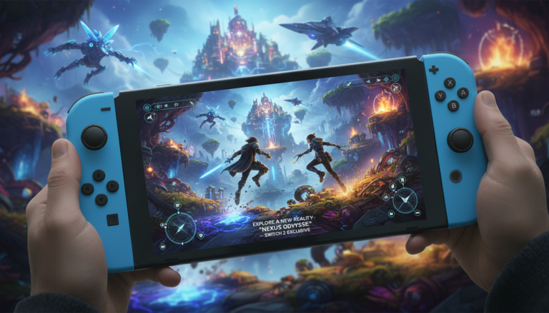 Cenário de jogo futurista e fantástico com elementos de ação e aventura no Switch 2, mostrando inovação em gráficos e jogabilidade.