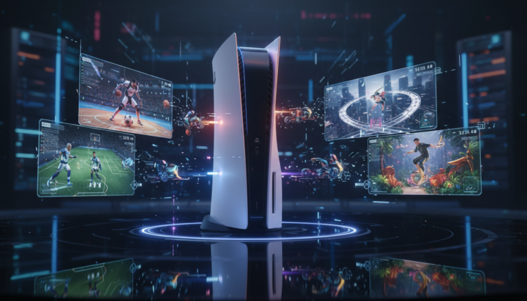 PlayStation 5 com projeções de jogos de esportes inovadores para 2026, mostrando futebol, basquete, corrida e esportes radicais com gráficos avançados e IA.