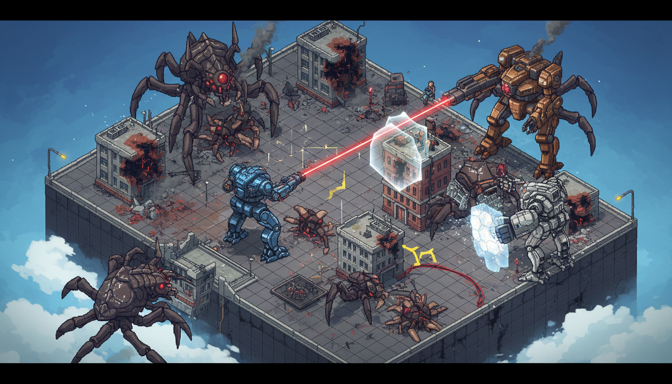 Imagem de gameplay Into the Breach, mechs vs Veks, estratégia por turnos, jogo indie