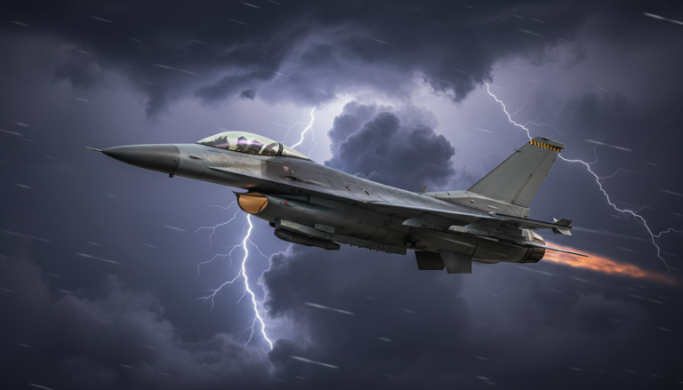 Jato de combate F-15 voando através de uma tempestade com relâmpagos, ilustrando a ação de Ace Combat 7 no PS5.