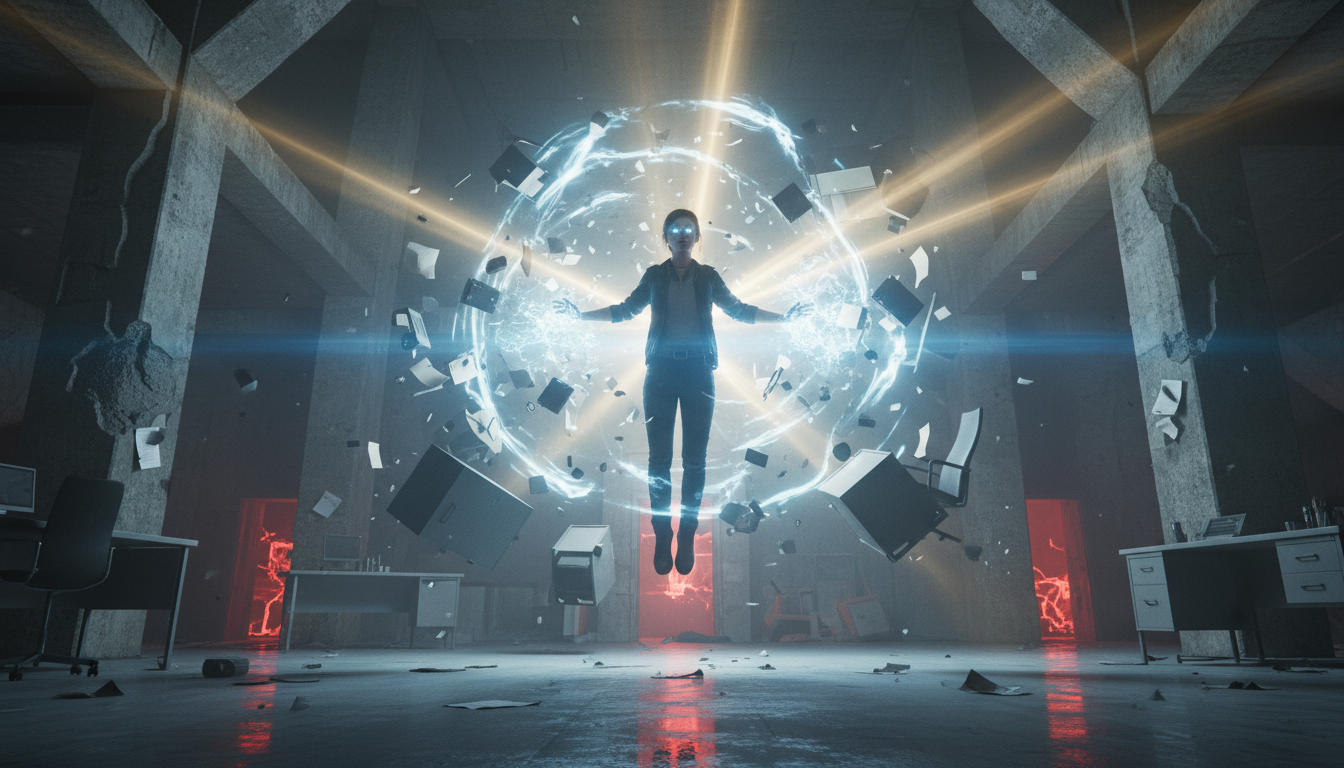 Jesse Faden em ação com poderes telecinéticos no jogo Control Ultimate Edition para PC