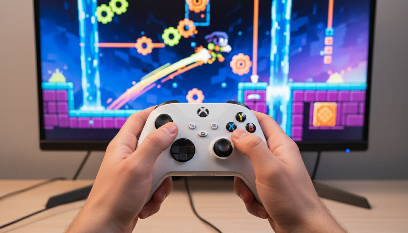 Mãos segurando controle Xbox Series S jogando plataforma vibrante