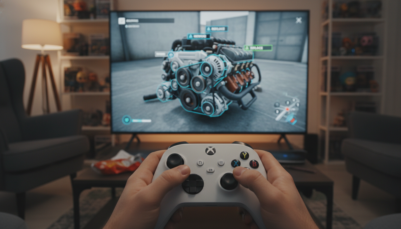 Tela do jogo Car Mechanic Simulator no Xbox Series S com um motor de carro detalhado e interface de usuário de reparo.