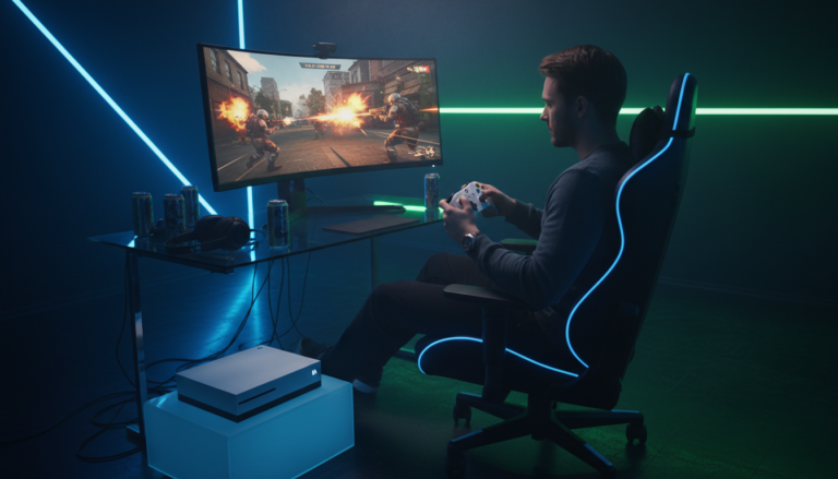 Jogador com controle Xbox Series S jogando um jogo de tiro futurista de 2026 em uma tela grande, com efeitos visuais e luzes neon.