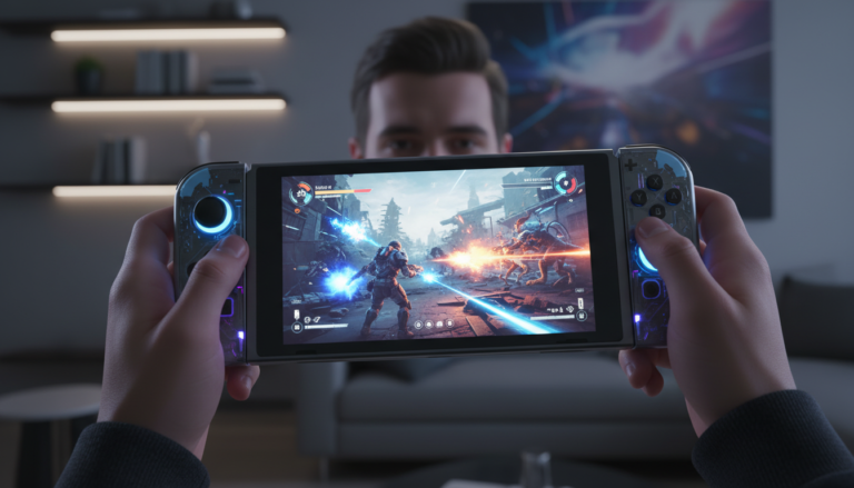 Pessoa jogando shooter no Switch 2, console portátil, gráficos de alta qualidade, jogo de tiro Nintendo, experiência híbrida.