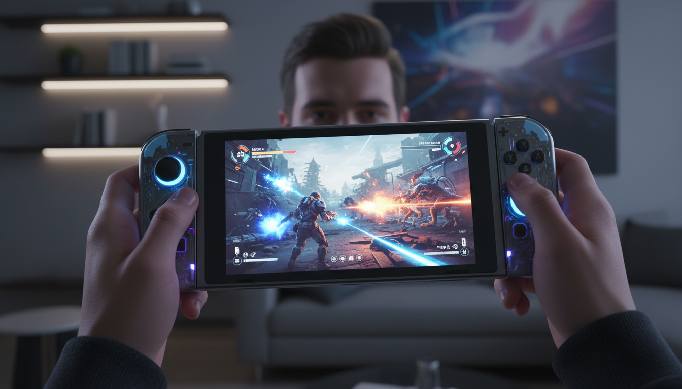 Pessoa jogando shooter no Switch 2, console portátil, gráficos de alta qualidade, jogo de tiro Nintendo, experiência híbrida.