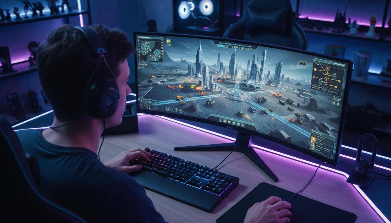 Homem jogando jogo de estratégia no PC, com tela mostrando mapa e unidades, mouse e teclado de gaming.