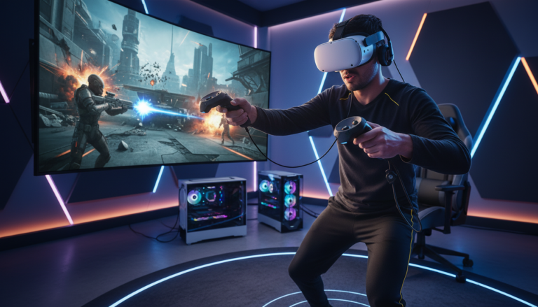 Pessoa jogando Jogos de Tiro VR para PC com headset e controladores, em uma cena de combate virtual