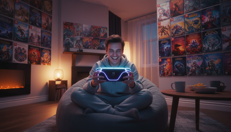 Pessoa jogando RPG no Switch 2, console Nintendo de nova geração, jogabilidade imersiva, aventura portátil.