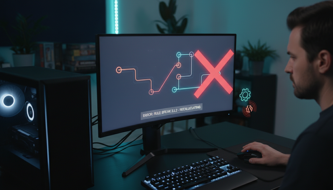 PC Gamer com tela exibindo jogo de puzzle inovador e mão do jogador no mouse, simbolizando a interação com 'Puzzles Que Quebram Regras no PC'.