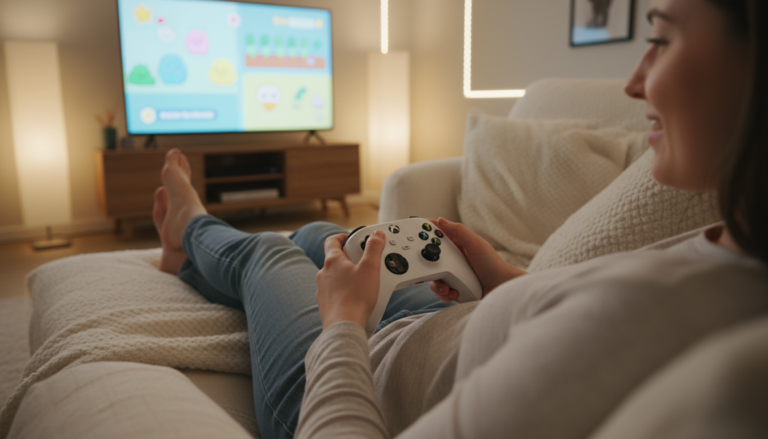 Pessoa jogando Stardew Valley no Xbox Series S com controle na mão, em ambiente confortável