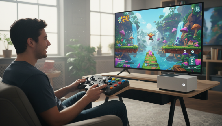 Um jogador sorridente usando um Xbox Adaptive Controller para jogar um jogo de plataforma vibrante no Xbox Series S, com foco na inclusão.