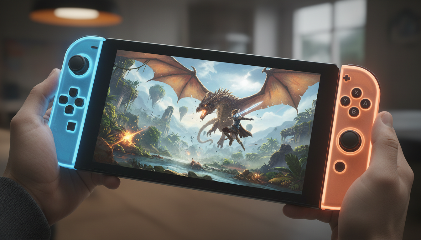 Nintendo Switch 2 com jogo de ação e aventura futurista, gráficos avançados