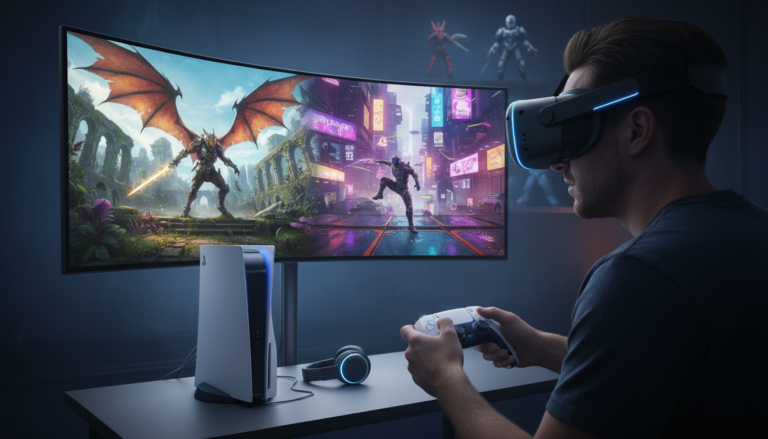 Gamer jogando jogo de ação e aventura no PlayStation 5 em 2026, com gráficos avançados e imersão total.