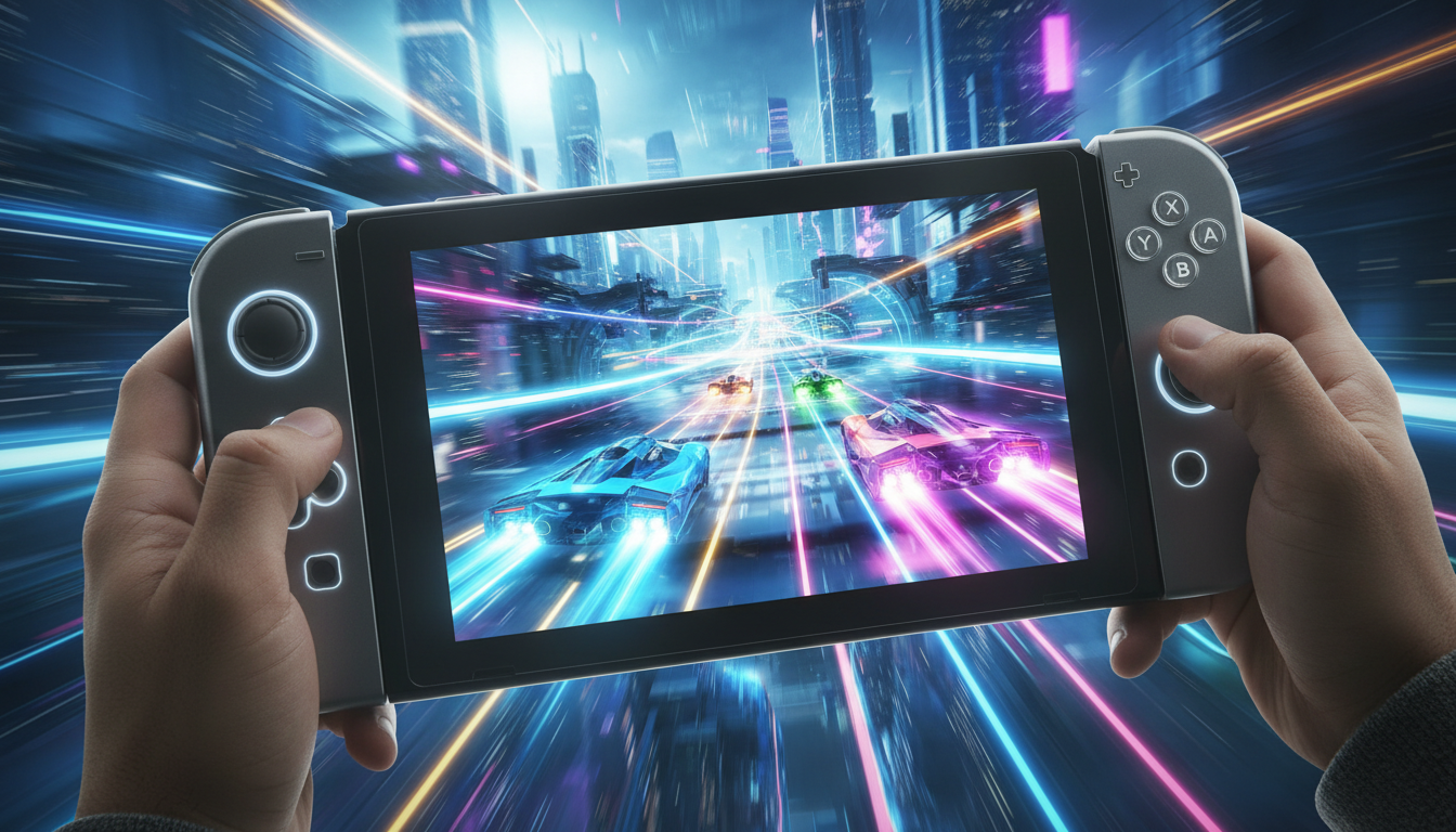 Nintendo Switch 2 exibindo um jogo de corrida futurista e colorido, com carros velozes e gráficos vibrantes.