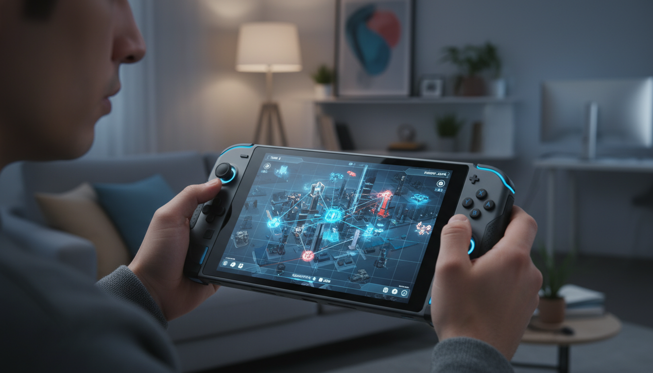 Jogador usando Switch 2 para jogos de estratégia, tela exibe mapa tático detalhado, controles intuitivos, gráficos avançados.