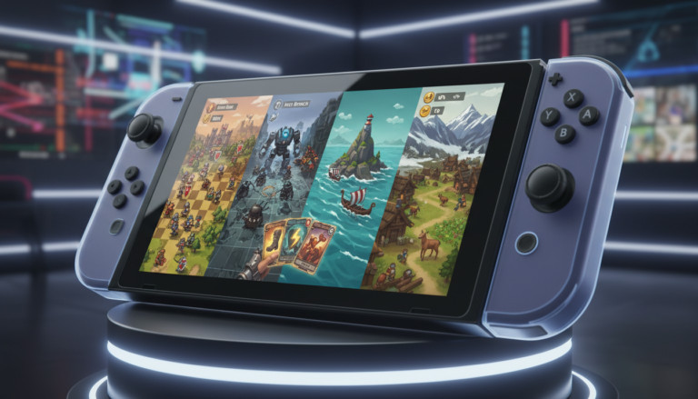 Imagem ilustrativa de Jogos de Estratégia Menos Conhecidos para Switch 2, incluindo Wargroove, Into the Breach, Bad North, Northgard e Slay the Spire, em um console Nintendo Switch 2.