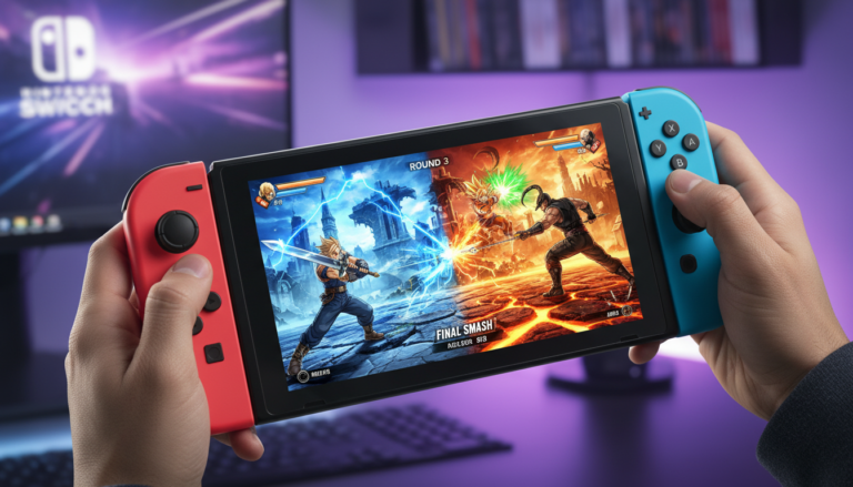 Nintendo Switch com Super Smash Bros. Ultimate, Mortal Kombat 11, Dragon Ball FighterZ, Street Fighter e ARMS na tela